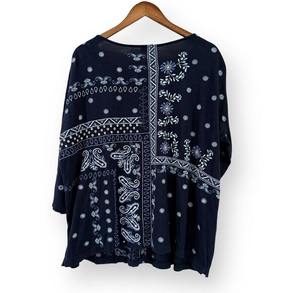 J.Jill Flagstaff Embroidered Patchwork Top Womens Size Large Navy Blue Boho - Picture 6 of 10